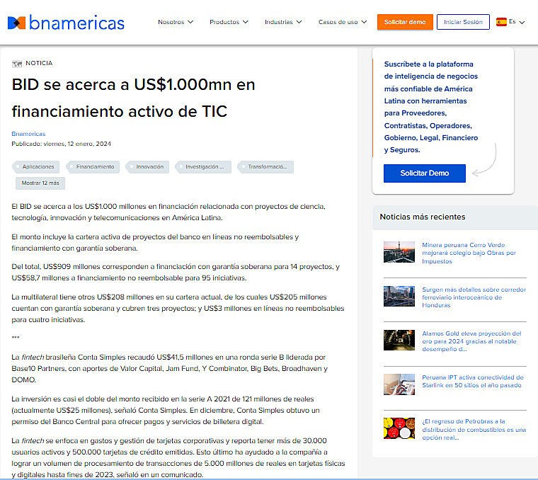 BID se acerca a US$1.000mn en financiamiento activo de TIC